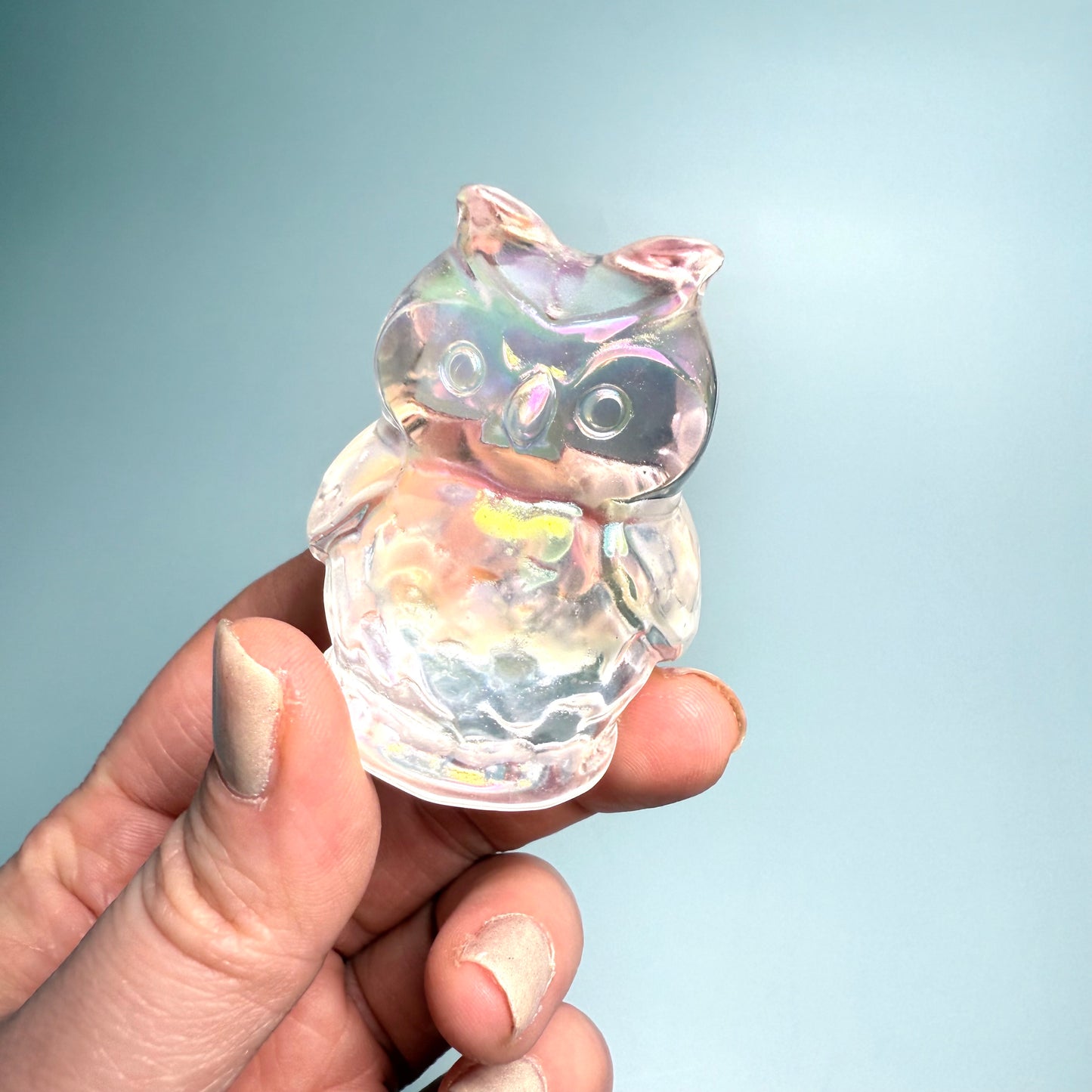 Aura Smelt Quartz | Owl Carving - Crystal bird