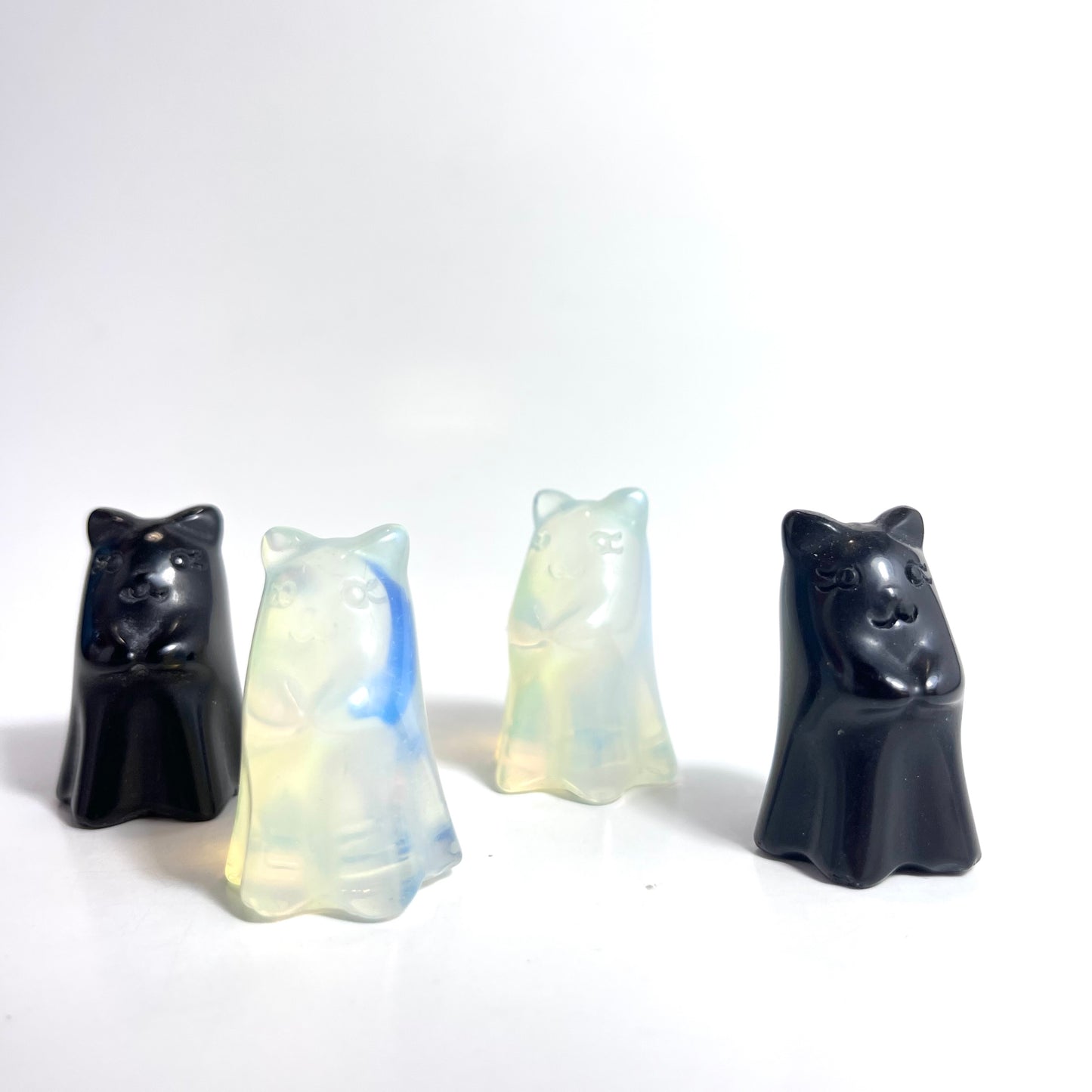 White Opalite and Obsidian  | Cat Ghost Carving