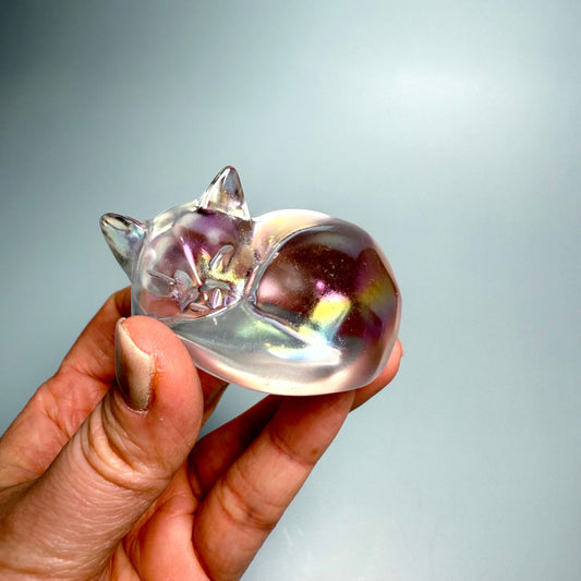 Aura Smelt Quartz | Sleeping Cat Carving - Crystal cat