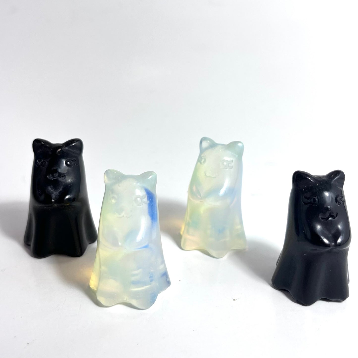 White Opalite and Obsidian  | Cat Ghost Carving