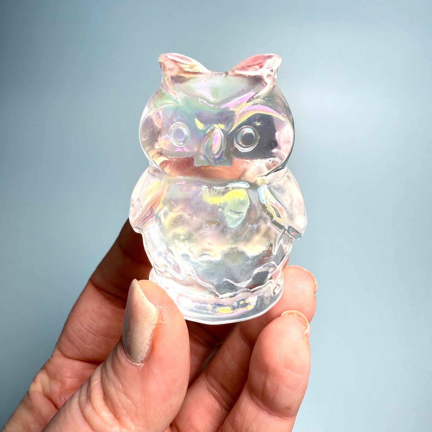 Aura Smelt Quartz | Owl Carving - Crystal bird