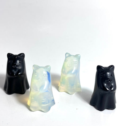 White Opalite and Obsidian  | Cat Ghost Carving