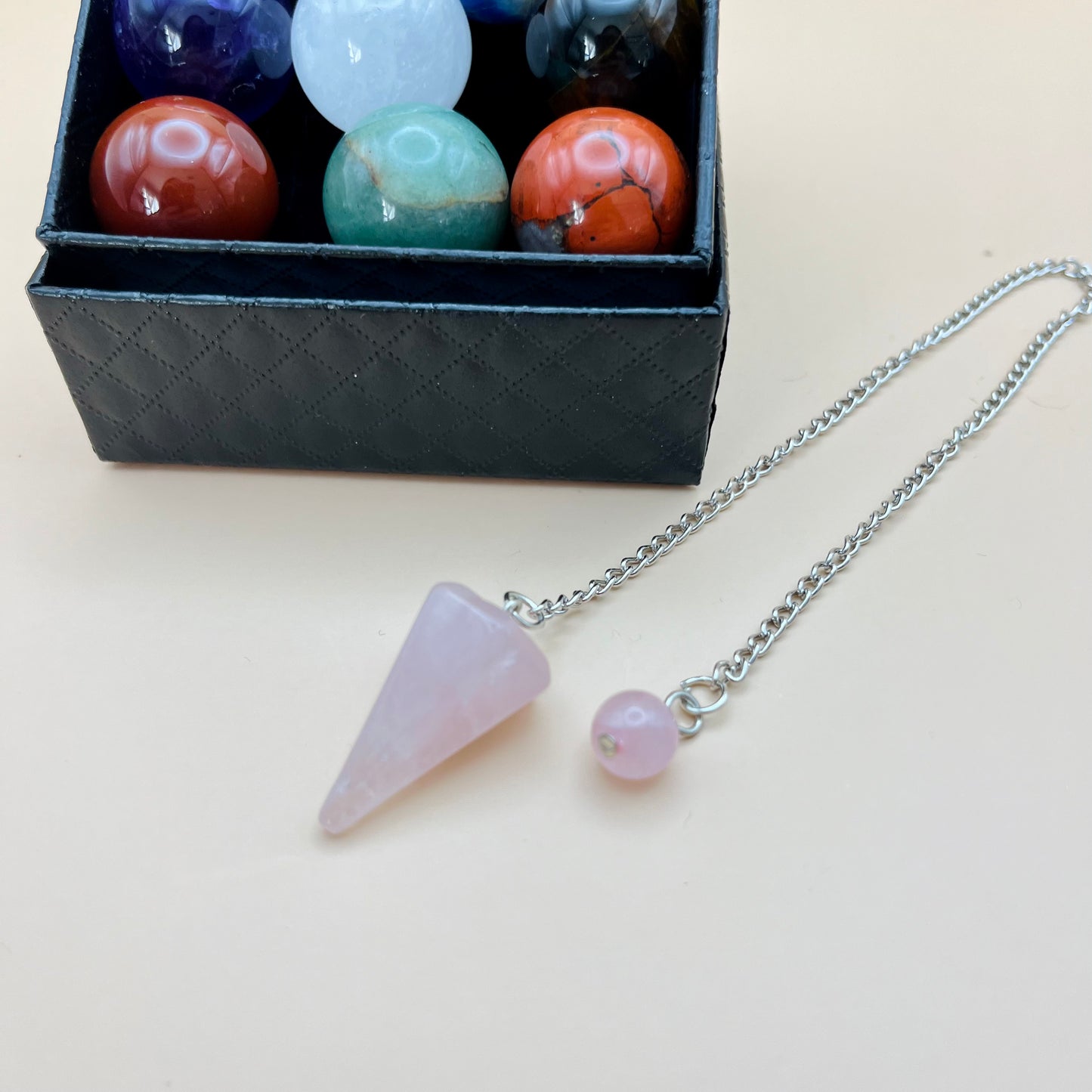 Mix Crystal Set | Mini Chakra Spheres with Rose Quartz Pendulum